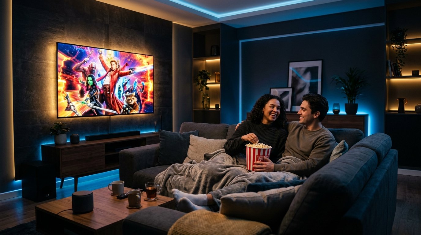 Casal assistindo filme no sofá com KPLAY TV em Smart TV 4K